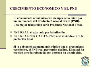 CRECIMIENTO ECONOMICO Y EL PNB

  El crecimiento económico casi siempre se lo mide por
  un incremento del Producto Nacional Bruto (PNB).
  Una mejor traducción sería Producto Nacional Total.

 PNB REAL, el ajustado por la inflación
 PNB REAL PER CAPITA, PNB real dividido entre la
  población total

  Si la población aumenta más rápido que el crecimiento
  económico, el PNB real per capita declina. El pastel ha
  crecido pero la rebanada por persona ha disminuido.
 