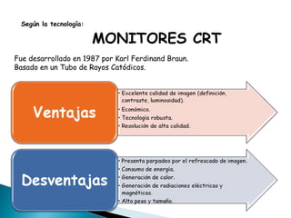 Según la tecnología:  MONITORES CRT Fue desarrollado en 1987 por Karl Ferdinand Braun. Basado en un Tubo de Rayos Catódicos. 