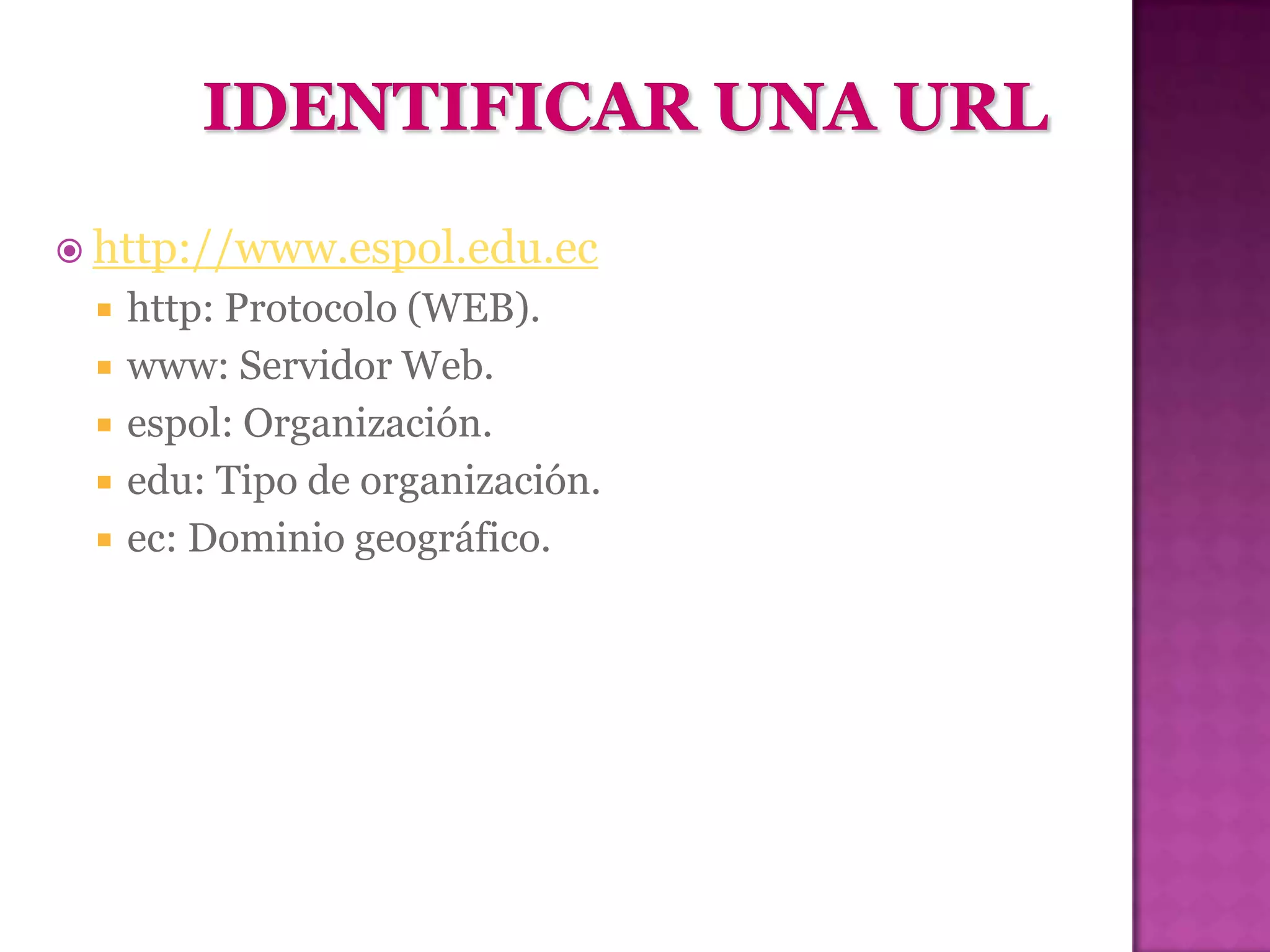  http://www.espol.edu.ec
    http: Protocolo (WEB).
    www: Servidor Web.
    espol: Organización.
    edu: Tipo de organización.
    ec: Dominio geográfico.
 