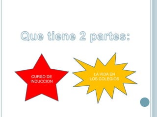 Que tiene 2 partes:LA VIDA ENLOS COLEGIOS CURSO DE INDUCCION