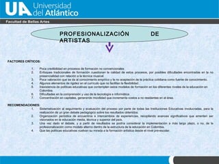 PROFESIONALIZACIÓN DE ARTISTAS FACTORES CR ÍTICOS : 1. Poca credibilidad en procesos de formación no convencionales 2. Enfoques tradicionales de formación cuestionan la calidad de estos procesos, por posibles dificultades encontradas en la no presencialidad con relaci ón a  la técnica musical. 3. Poca valoración que se da al conocimiento empírico y la no aceptación de la práctica cotidiana como fuente de conocimiento. 4. Algunos elementos de rigidez en el currículo que no facilitan la flexibilidad. 5. Inexistencia de políticas educativas que contemplen estos modelos de formación en los diferentes niveles de la educación en Colombia. 6. Dificultades en la comprensi ón y uso  de la tecnología e informática. 7. Concentración en capitales, generando movilidad que incrementa costos a no residentes en el  área . RECOMENDACIONES: 1. Sistematizaci ón  al seguimiento y evaluación del proceso por parte de todas las Instituciones Educativas involucradas, para la realización de un gran debate pedagógico sobre los resultados obtenidos. 2. Organizaci ón periódica de  encuentros e intercambios de experiencias, recopilando avances significativos que ameriten ser visionados en la educación media, técnica y superior del país. Una vez dado el debate, y a partir de resultados se podr ía considerar la  implementaci ón a más largo plazo,  o no, de la profesionalización como modelo alterno dentro de la estructura de la educaci ón en Colombia. Que las políticas educativas vuelvan su mirada a la formación artística desde el nivel pre-escolar. 