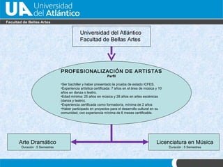 PROFESIONALIZACIÓN DE ARTISTAS Perfil Ser bachiller y haber presentado la prueba de estado ICFES. Experiencia artística certificada: 7 años en el área de música y 10 años en danza o teatro. Edad m ínima : 25 años en música y 28 años en artes escénicas (danza y teatro). Experiencia certificada como formador/a, mínima de 2 años  Haber participado en proyectos para el desarrollo cultural en su comunidad, con experiencia mínima de 6 meses certificable. Universidad del Atl ántico  Facultad de Bellas Artes Licenciatura en M úsica Duración : 5 Semestres Arte Dram ático Duración : 5 Semestres 