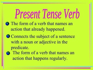 Present Tense Verb The form of a verb that names an action that already happened. The form of a verb that names an action that happens regularly. Connects the subject of a sentence with a noun or adjective in the predicate. 