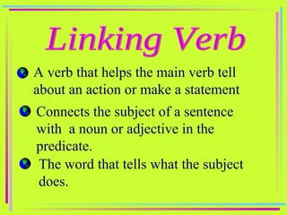 Linking Verb A verb that helps the main verb tell about an action or make a statement Connects the subject of a sentence with  a noun or adjective in the predicate. The word that tells what the subject does. 