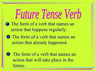Future Tense Verb The form of a verb that names an action that happens regularly. The form of a verb that names an action that already happened. The form of a verb that names an action that will take place in the future. 