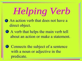 Helping Verb An action verb that does not have a direct object. A verb that helps the main verb tell about an action or make a statement. Connects the subject of a sentence with a noun or adjective in the predicate. 