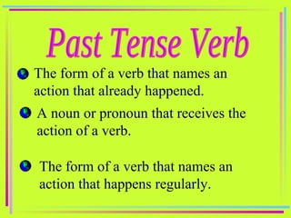 Past Tense Verb The form of a verb that names an action that already happened. A noun or pronoun that receives the action of a verb. The form of a verb that names an action that happens regularly. 