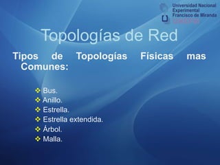 Topologías de RedTipos de Topologías Físicas mas Comunes:	Bus.