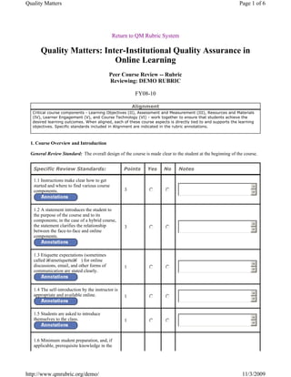 Quality Matters                                                                                              Page 1 of 6




                                              Return to QM Rubric System

      Quality Matters: Inter-Institutional Quality Assurance in
                          Online Learning
                                            Peer Course Review -- Rubric
                                            Reviewing: DEMO RUBRIC

                                                         FY08-10

                                                        Alignment
  Critical course components - Learning Objectives (II), Assessment and Measurement (III), Resources and Materials
  (IV), Learner Engagement (V), and Course Technology (VI) - work together to ensure that students achieve the
  desired learning outcomes. When aligned, each of these course aspects is directly tied to and supports the learning
  objectives. Specific standards included in Alignment are indicated in the rubric annotations.



 1. Course Overview and Introduction

 General Review Standard: The overall design of the course is made clear to the student at the beginning of the course.


   Specific Review Standards:                       Points   Yes      No      Notes

   1.1 Instructions make clear how to get
   started and where to find various course
   components.                                      3         
                                                              
                                                              
                                                              
                                                                      
                                                                       
                                                                       
                                                                       
                                                                       



   1.2 A statement introduces the student to
   the purpose of the course and to its
   components; in the case of a hybrid course,
   the statement clarifies the relationship         3         
                                                              
                                                              
                                                              
                                                                      
                                                                       
                                                                       
                                                                       
                                                                       
   between the face-to-face and online
   components.


   1.3 Etiquette expectations (sometimes
   called â€œnetiquetteâ€ ) for online
   discussions, email, and other forms of           1         
                                                              
                                                              
                                                              
                                                                      
                                                                       
                                                                       
                                                                       
                                                                       
   communication are stated clearly.


   1.4 The self-introduction by the instructor is
   appropriate and available online.                1         
                                                              
                                                              
                                                              
                                                                      
                                                                       
                                                                       
                                                                       
                                                                       


   1.5 Students are asked to introduce
   themselves to the class.                         1         
                                                              
                                                              
                                                              
                                                                      
                                                                       
                                                                       
                                                                       
                                                                       



   1.6 Minimum student preparation, and, if
   applicable, prerequisite knowledge in the




http://www.qmrubric.org/demo/                                                                                  11/3/2009
 