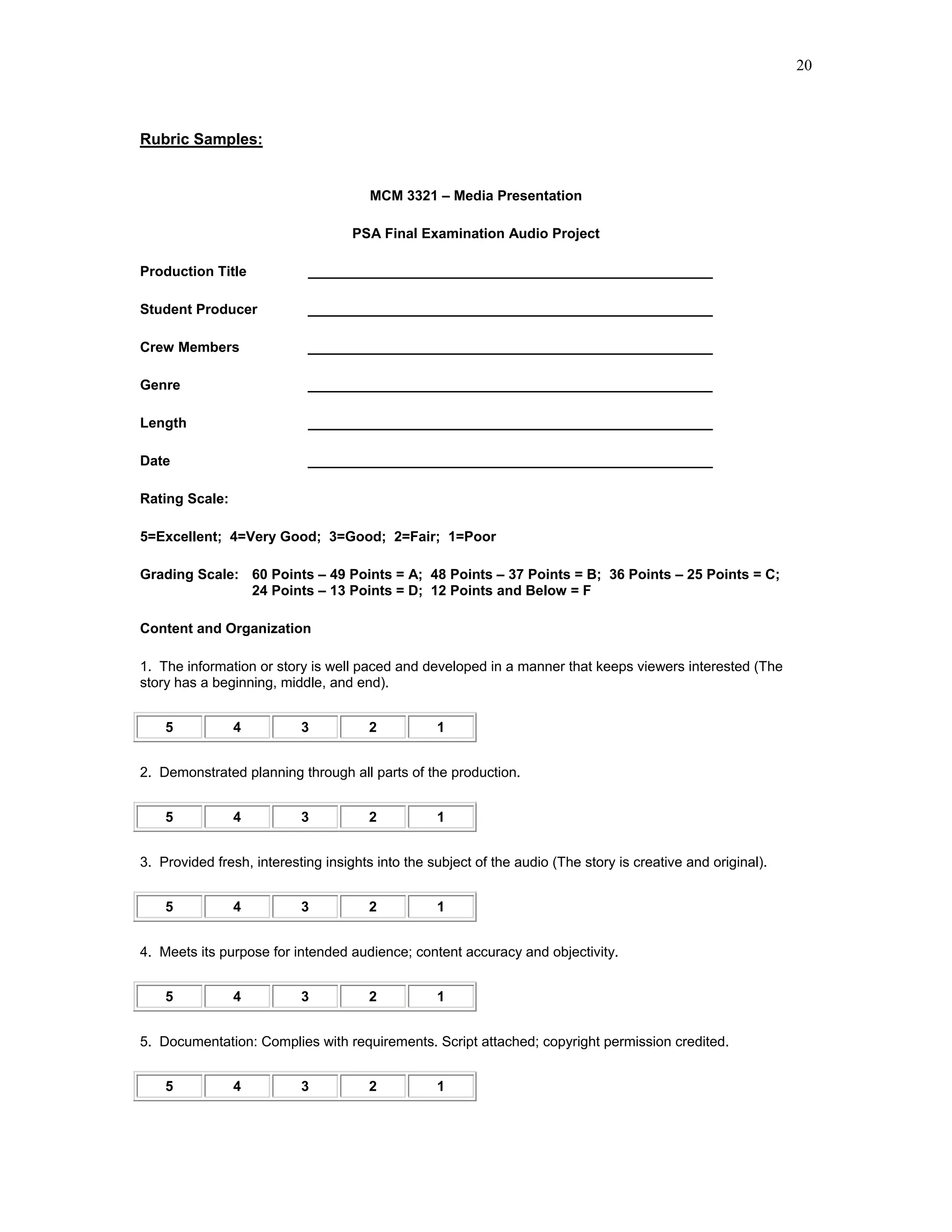 20



Rubric Samples:


                                       MCM 3321 – Media Presentation

                                    PSA Final Examination Audio Project

Production Title            ____________________________________________________

Student Producer            ____________________________________________________

Crew Members                ____________________________________________________

Genre                       ____________________________________________________

Length                      ____________________________________________________

Date                        ____________________________________________________

Rating Scale:

5=Excellent; 4=Very Good; 3=Good; 2=Fair; 1=Poor

Grading Scale: 60 Points – 49 Points = A; 48 Points – 37 Points = B; 36 Points – 25 Points = C;
               24 Points – 13 Points = D; 12 Points and Below = F

Content and Organization

1. The information or story is well paced and developed in a manner that keeps viewers interested (The
story has a beginning, middle, and end).


    5           4          3           2          1


2. Demonstrated planning through all parts of the production.


    5           4          3           2          1


3. Provided fresh, interesting insights into the subject of the audio (The story is creative and original).


    5           4          3           2          1


4. Meets its purpose for intended audience; content accuracy and objectivity.


    5           4          3           2          1


5. Documentation: Complies with requirements. Script attached; copyright permission credited.


    5           4          3           2          1
 