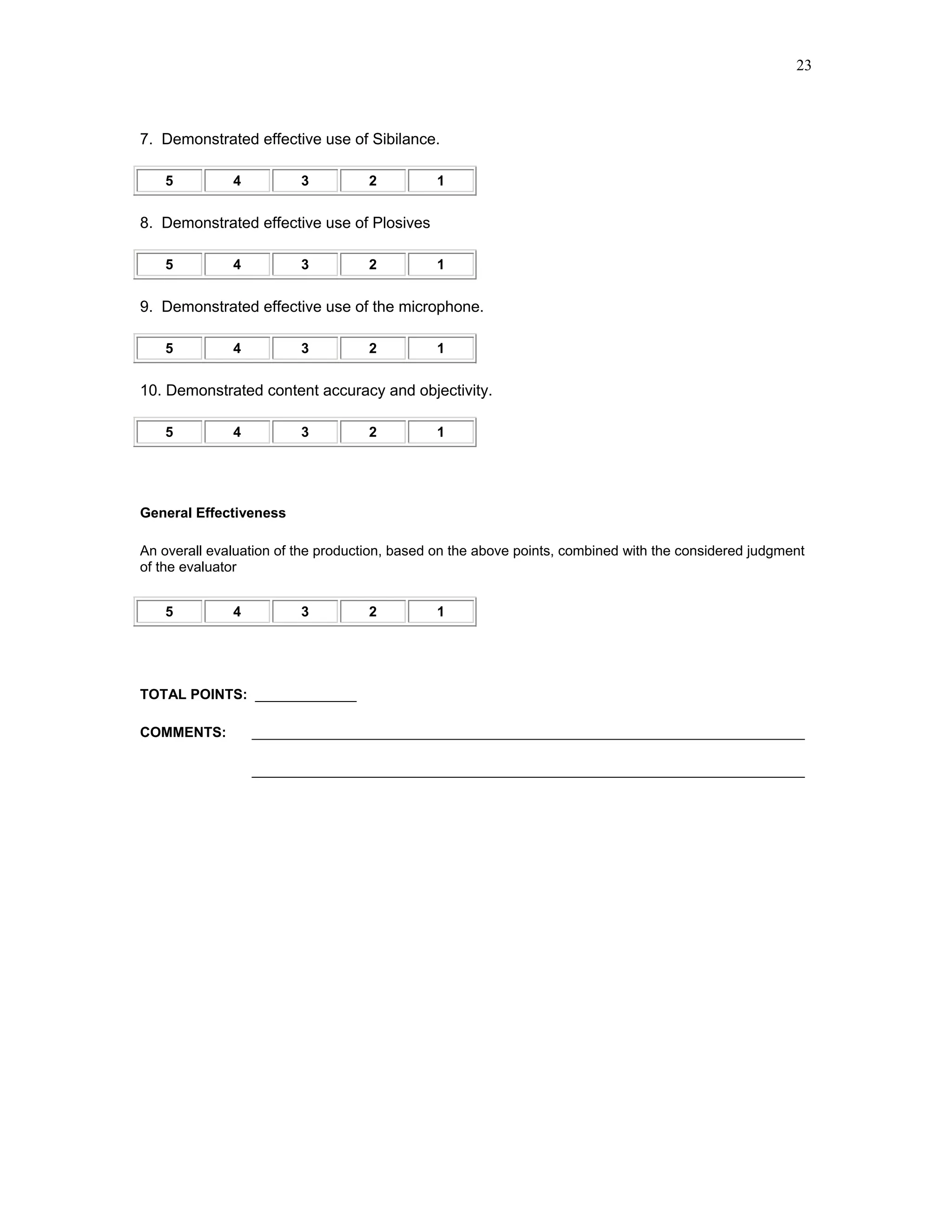 23



7. Demonstrated effective use of Sibilance.

    5         4          3          2         1


8. Demonstrated effective use of Plosives

    5         4          3          2         1


9. Demonstrated effective use of the microphone.

    5         4          3          2         1


10. Demonstrated content accuracy and objectivity.

    5         4          3          2         1




General Effectiveness

An overall evaluation of the production, based on the above points, combined with the considered judgment
of the evaluator


    5         4          3          2         1




TOTAL POINTS: _____________

COMMENTS:         _______________________________________________________________________

                  _______________________________________________________________________
 