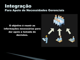 O objetivo é reunir as informações necessárias para dar apoio a tomada de decisões. Integração Para Apoio de Necessidades Gerenciais 