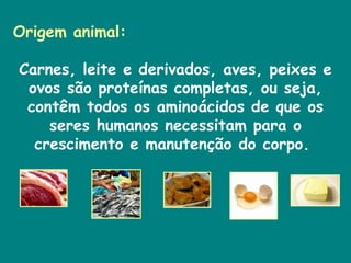 Origem animal: Carnes, leite e derivados, aves, peixes e ovos são proteínas completas, ou seja, contêm todos os aminoácidos de que os seres humanos necessitam para o crescimento e manutenção do corpo.  
