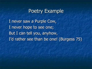 Poetry Example I never saw a Purple Cow, I never hope to see one; But I can tell you, anyhow, I’d rather see than be one! (Burgess 75) 