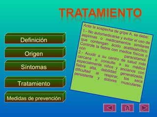 Ante la
                                        sospec
                              1.- No            ha de
                                      a                  gripe A
                             aspirin utomedicars                 , se de
                                                                            be:
                                     as o              e
     Definición              que c
                                     o        medica y evitar el u
                                                                          s
                            Contro ntengan ác mentos sim o de
                                    le la fi         i
                            con             ebre c do acetilsa ilares
                                                    on me              li
                           2.- Ac                           dios fí cílico.
      Origen                       u
                           cercan dir a su ce
                                                                     si
                                                            parace cos o
                                   a o             n                  ta
                          especi          consul tro de salud mol.
                                  a               t
                         fiebre lmente niño e a su m más
     Síntomas                                     s
                        dificult alta, debili y anciano édico
                                a                d                  s
                        persist d al res ad genera con
                                ente            p                 lizada,
                                         y do irar, tos
                                               lores
                                                          muscu seca
    Tratamiento                                                   lares.


Medidas de prevención
 