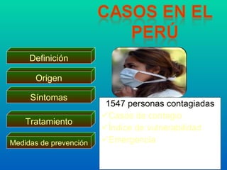 Definición

      Origen

     Síntomas
                         1547 personas contagiadas
                        Casos de contagio
    Tratamiento
                        Índice de vulnerabilidad
Medidas de prevención   Emergencia
 