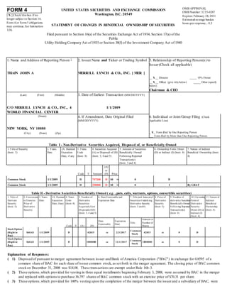 FORM 4
[ X ] Check this box if no
longer subject to Section 16.
Form 4 or Form5 obligations
may continue.See Instruction
1(b).
UNITED STATES SECURITIES AND EXCHANGE COMMISSION
Washington, D.C. 20549
STATEMENT OF CHANGES IN BENEFICIAL OWNERSHIP OF SECURITIES
OMB APPROVAL
OMB Number: 3235-0287
Expires: February 28, 2011
Estimatedaverage burden
hours per response... 0.5
Filed pursuant to Section 16(a) of the Securities Exchange Act of 1934, Section 17(a) of the
Public
Utility Holding Company Act of 1935 or Section 30(f) of the Investment Company Act of 1940
1. Name and Address of Reporting Person *
THAIN JOHN A
2. Issuer Name and Ticker or Trading Symbol
MERRILL LYNCH & CO., INC. [ MER ]
5. Relationship of Reporting Person(s) to
Issuer(Check all applicable)
__ X __ Director _____ 10% Owner
__ X __ Officer (give title below) _____ Other (specify
below)
Chairman & CEO
(Last) (First) (Middle)
C/O MERRILL LYNCH & CO., INC., 4
WORLD FINANCIAL CENTER
3. Date of Earliest Transaction (MM/DD/YYYY)
1/1/2009
(Street)
NEW YORK, NY 10080
(City) (State) (Zip)
4. If Amendment, Date Original Filed
(MM/DD/YYYY)
6. Individual or Joint/Group Filing (Check
Applicable Line)
_ X _ Form filed by One Reporting Person
___ Form filed by More than One Reporting Person
Table I - Non-Derivative Securities Acquired, Disposed of, or Beneficially Owned
1.Title of Security
(Instr. 3)
2. Trans.
Date
2A. Deemed
Execution
Date, if any
3. Trans.
Code
(Instr. 8)
4. Securities Acquired
(A) or Disposed of (D)
(Instr. 3, 4 and 5)
5. Amount of Securities
Beneficially Owned
Following Reported
Transaction(s)
(Instr. 3 and 4)
6. Ownership Form: Direct
(D) or Indirect (I) (Instr. 4)
7. Nature of Indirect
Beneficial Ownership (Instr.
4)
Code V Amount
(A)
or
(D) Price
Common Stock 1/1/2009 D 747268 D $0 (1)
0 D
Common Stock 1/1/2009 D 250000 D $0 (1)
0 I By GRAT
Table II - Derivative Securities Beneficially Owned ( e.g. , puts, calls, warrants, options, convertible securities)
1. Title of
Derivate
Security
(Instr. 3)
2. Conversion
or Exercise
Price of
Derivative
Security
3. Trans.
Date
3A. Deemed
Execution
Date, ifany
4. Trans.
Code
(Instr. 8)
5. Number of
Derivative
Securities
Acquired (A)or
Disposed of(D)
(Instr. 3, 4 and 5)
6. Date Exercisable and
Expiration Date
7. Title and Amount of
Securities Underlying
Derivative Security
(Instr. 3 and 4)
8. Price of
Derivative
Security
(Instr. 5)
9. Number of
derivative Securities
Beneficially Owned
Following Reported
Transaction(s)
(Instr. 4)
10. Ownership
Formof
Derivative
Security:
Direct (D) or
Indirect (I)
(Instr. 4)
11. Nature of
Indirect
Beneficial
Ownership
(Instr. 4)
Code V (A) (D)
Date
Exercisable
Expiration
Date
Title
Amount or
Number of
Shares
Stock Option
(Right to
Buy)
$60.43 1/1/2009 D 42815 (2) 2/3/2017
Common
Stock
42815 (2) 0 D
Stock Option
(Right to
Buy)
$60.43 1/1/2009 D 1800000 (3) 12/1/2017
Common
Stock
1800000 (3) 0 D
Explanation of Responses:
( 1) Disposed of pursuant to merger agreement between issuer and Bank of America Corporation ("BAC") in exchange for 0.8595 of a
common share of BAC for each share of issuer common stock, as set forth in the merger agreement. The closing price of BAC common
stockon December 31, 2008 was $14.08. These transactions are exempt under Rule 16b-3.
( 2) These options,which provided for vesting in three equal installments beginning February 3, 2008, were assumed by BAC in the merger
and replaced with options to purchase 36,797 shares of BAC common stock with an exercise price of $70.31 per share.
( 3) These options,which provided for 100% vesting upon the completion of the merger between the issuerand a subsidiary of BAC, were
 