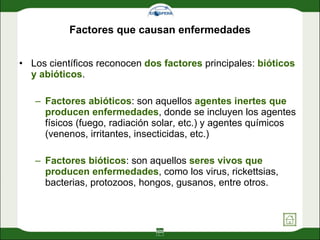 Factores que causan enfermedades Los científicos reconocen  dos factores  principales:  bióticos y abióticos .  Factores abióticos : son aquellos  agentes inertes   que producen enfermedades , donde se incluyen los agentes físicos (fuego, radiación solar, etc.) y agentes químicos (venenos, irritantes, insecticidas, etc.) Factores bióticos : son aquellos  seres vivos que producen enfermedades , como los virus, rickettsias, bacterias, protozoos, hongos, gusanos, entre otros.  