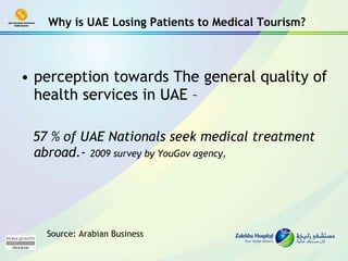 Why is UAE Losing Patients to Medical Tourism? perception towards The general quality of health services in UAE – 57 % of UAE Nationals seek medical treatment abroad.-  2009 survey by YouGov agency,   Source: Arabian Business 