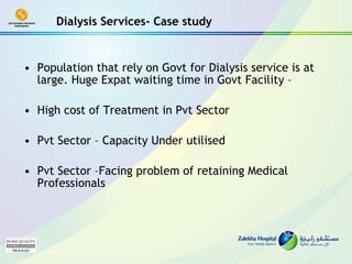 Population that rely on Govt for Dialysis service is at large. Huge Expat waiting time in Govt Facility –  High cost of Treatment in Pvt Sector Pvt Sector – Capacity Under utilised Pvt Sector –Facing problem of retaining Medical Professionals Dialysis Services- Case study 