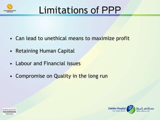 Limitations  of PPP Can lead to unethical means to maximize profit Retaining Human Capital Labour and Financial issues Compromise on Quality in the long run 