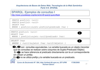 Arquitecturas de Bases de Datos Web. Tecnologías de la Web Semántica
                               Parte V-II. SPARQL

SPARQL. Ejemplos de consultas I
http://www.yoyodesign.org/doc/w3c/rdf-sparql-query/#ask

PREFIX prefijo1: <uri1>
PREFIX prefijo2: <uri2>
                                                                              1
SELECT ?var
WHERE { prefijo1:sujeto prefijo2:predicado ?var }

PREFIX prefijo1: <uri1>
SELECT ?var
                                                                               2
 WHERE { prefijo1:sujeto <uri2/predicado> ?var}

SELECT ?var                                                                    3
 WHERE { <uri1/sujeto> ?var <uri2/objeto> }
  1 y 2 son consultas equivalentes. La variable buscada es un objeto (recordar
  que las consultas se realizan sobre conjuntos de Sujeto-Predicado-Objeto).
   En 2 se hace referencia al predicado directamente con la uri correspondiente
  sin utilizar un prefijo.
  En 3 no se utiliza prefijo y la variable buscada es un predicado.

      Curso de Doctorado Nº: 584, http://sinbad.dit.upm.es, DIT-UPM   17/06/2009
                                     Hicham Qaissi                                 27
 