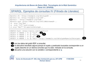 Arquitecturas de Bases de Datos Web. Tecnologías de la Web Semántica
                               Parte V-II. SPARQL

 SPARQL. Ejemplos de consultas IV (Filtrado de Literales)
@prefix dt: <http://example.org/datatype#> .
@prefix ns: <http://example.org/ns#> .
@prefix : <http://example.org/ns#> .                                          1
@prefix xsd: <http://www.w3.org/2001/XMLSchema#> .
:x ns:p "car“@en .
:y ns:p “10"^^xsd:integer .
:z ns:p "abc"^^dt:specialDatatype .

PREFIX   foaf: <http://xmlns.com/foaf/0.1/>
SELECT   ?v WHERE { ?v ?p "car" } 2
SELECT   ?v WHERE { ?v ?p "car"@en } 3
SELECT   ?v WHERE { ?v ?p 10 } 4
SELECT   ?v WHERE { ?v ?p "abc"^^<http://example.org/datatype#specialDatatype> }           5

  1 con los datos del grafo RDF a consultar.
  2 no devuelve resultado alguna porque el sujeto y predicado buscados corresponden a un
    sujeto descrito en un idioma concreto que no está indicado en la consulta.
  4 devuelve una solución con la variable v correspondiente a :y.



         Curso de Doctorado Nº: 584, http://sinbad.dit.upm.es, DIT-UPM   17/06/2009
                                        Hicham Qaissi                                 30
 