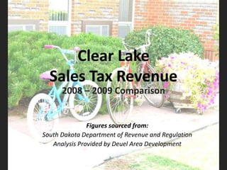 Clear Lake Sales Tax Revenue 2008 – 2009 Comparison Figures sourced from: South Dakota Department of Revenue and Regulation Analysis Provided by Deuel Area Development 