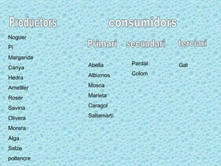 Productors consumidors Primari secundari terciari Abella  Alburnos Mosca Marieta Caragol Saltamartí Pardal Colom Gat Noguer Pi Margarida Canya  Hedra Ametller Roser Savina Olivera Morera Alga Salze pollancre 