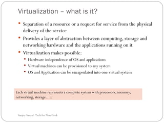Virtualization – what is it? Separation of a resource or a request for service from the physical delivery of the service Provides a layer of abstraction between computing, storage and networking hardware and the applications running on it Virtualization makes possible: Hardware independence of OS and applications  Virtual machines can be provisioned to any system  OS and Application can be encapsulated into one virtual system  Sanjoy Sanyal: Tech for Non Geek  Each virtual machine represents a complete system with processors, memory, networking, storage…..  