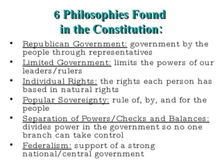 6 Philosophies Found  in the Constitution: ,[object Object],[object Object],[object Object],[object Object],[object Object],[object Object]
