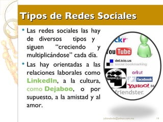 Tipos de Redes Sociales Las redes sociales las hay de diversos  tipos y  siguen “creciendo y multiplicándose” cada día.  Las hay orientadas a las relaciones laborales como  LinkedIn , a la cultura,  como  Dejaboo , o por supuesto, a la amistad y al amor. [email_address] 