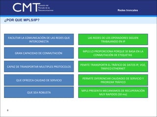 ¿POR QUE MPLS/IP? Redes troncales FACILITAR LA COMUNICACIÓN DE LAS REDES QUE INTERCONECTA GRAN CAPACIDAD DE CONMUTACIÓN  CAPAZ DE TRANSPORTAR MULTIPLES PROTOCOLOS QUE OFREZCA CALIDAD DE SERVICIO QUE SEA ROBUSTA LAS REDES DE LOS OPERADORES SIGUEN TRABAJANDO EN IP MPLS LO PROPORCIONA PORQUE SE BASA EN LA CONMUTACIÓN DE ETIQUETAS  PEMITE TRANSPORTR EL TRÁFICO DE DATOS IP, VOZ, TRÁFICO ETHERNET PERMITE DIFERENCIAR CALIDADES DE SERVICIO Y PRIORIZAR TRÁFICO MPLS PRESENTA MECANISMOS DE RECUPERACIÓN MUY RAPIDOS (50 ms) 