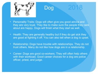 Dog Personality Traits: Dogs will often give you good advice and they are very loyal. They like to make sure the people they care about are happy. Dogs will finish what they start as well. Health: They are generally healthy but if they do get sick they are good at fighting it off. You can also tell when a dog is upset. Relationship: Dogs have trouble with relationships. They do not trust others. Many do not like how dogs are in a relationship. Career: Dogs are good co-workers. They will often help others with their workload. Good career choices for a dog are police officer, priest, and judge. 2018 