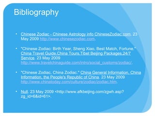 Bibliography Chinese Zodiac - Chinese Astrology info ChineseZodiac.com . 23 May 2009  http://www.chinesezodiac.com . "Chinese Zodiac: Birth Year, Sheng Xiao, Best Match, Fortune."  China Travel Guide,China Tours,Tibet Beijing Packages,24/7 Service . 23 May 2009  http://www.travelchinaguide.com/intro/social_customs/zodiac/ . "Chinese Zodiac, China Zodiac."  China General Information, China Information, the People's Republic of China . 23 May 2009  http://www.chinatoday.com/culture/zodiac/zodiac.htm . Null . 23 May 2009 <http://www.afkbeijing.com/zgwh.asp?zg_id=6&id=61>. 