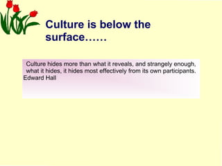 Culture is below the surface…… Culture hides more than what it reveals, and strangely enough, what it hides, it hides most effectively from its own participants. Edward Hall 
