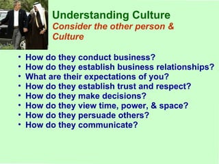 How do they conduct business? How do they establish business relationships? What are their expectations of you? How do they establish trust and respect? How do they make decisions? How do they view time, power, & space? How do they persuade others? How do they communicate? Understanding Culture Consider the other person & Culture 