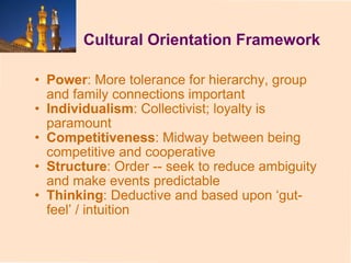 Power : More tolerance for hierarchy, group and family connections important Individualism : Collectivist; loyalty is paramount Competitiveness : Midway between being competitive and cooperative Structure : Order -- seek to reduce ambiguity and make events predictable Thinking : Deductive and based upon ‘gut-feel’ / intuition Cultural Orientation Framework 