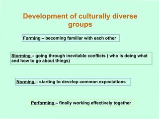 Development of culturally diverse groups Forming  – becoming familiar with each other Storming  – going through inevitable conflicts ( who is doing what and how to go about things) Norming  – starting to develop common expectations  Performing  – finally working effectively together 