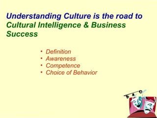 Definition Awareness Competence Choice of Behavior Understanding Culture is the road to Cultural Intelligence & Business Success 