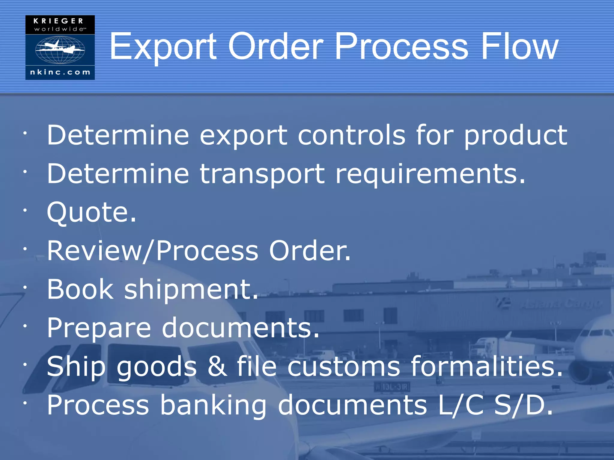 Export Order Process Flow

•
    Determine export controls for product
•
    Determine transport requirements.
•
    Quote.
•
    Review/Process Order.
•
    Book shipment.
•
    Prepare documents.
•
    Ship goods & file customs formalities.
•
    Process banking documents L/C S/D.
 