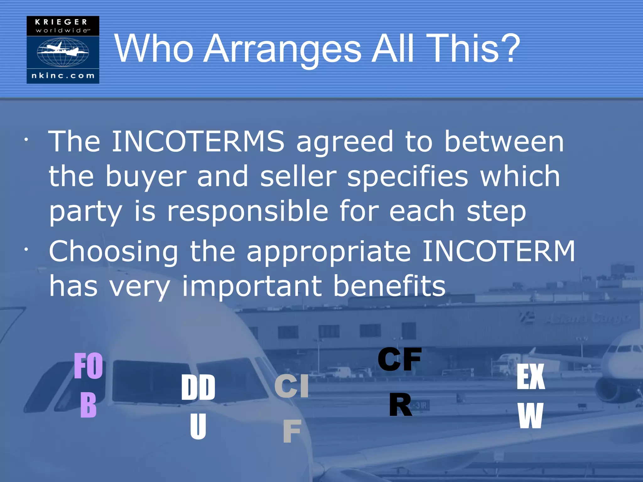 Who Arranges All This?

•
    The INCOTERMS agreed to between
    the buyer and seller specifies which
    party is responsible for each step
•
    Choosing the appropriate INCOTERM
    has very important benefits

     FO                   CF
             DD    CI              EX
     B                    R        W
              U    F
 
