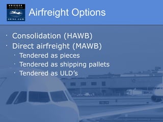 Airfreight Options

•
    Consolidation (HAWB)
•
    Direct airfreight (MAWB)
    •
        Tendered as pieces
    •
        Tendered as shipping pallets
    •
        Tendered as ULD’s
 