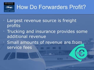 How Do Forwarders Profit?

•
    Largest revenue source is freight
    profits
•
    Trucking and insurance provides some
    additional revenue
•
    Small amounts of revenue are from
    service fees
 