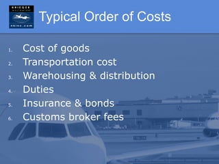 Typical Order of Costs

1.   Cost of goods
2.   Transportation cost
3.   Warehousing & distribution
4.   Duties
5.   Insurance & bonds
6.   Customs broker fees
 