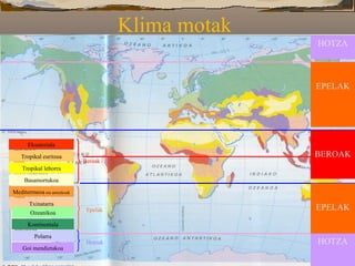 Klima motak Ekuatoriala Tropikal euritsua Tropikal lehorra Basamortukoa Mediterrneoa  eta antzekoak Txinatarra Ozeanikoa Kontinentala Polarra Goi mendietakoa Beroak Epelak Hotzak BEROAK HOTZA EPELAK EPELAK HOTZA 