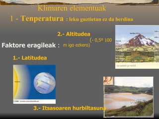 Klimaren elementuak   1 -  Tenperatura   : leku guztietan ez da berdina   Faktore eragileak  :  1.-  Latitudea 3.-  Itsasoa ren hurbiltasuna 2.-  Altitudea  ( - 0,5º 100 m igo ezkero) 