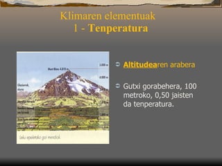 Klimaren elementuak   1 -  Tenperatura Altitudea ren   arabera   G utxi gorabehera, 100 m etro ko ,  0,50 jaisten da tenperatura.  