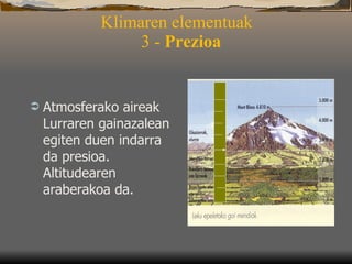 Klimaren elementuak   3 -  Prezioa Atmosferako aireak Lurraren gainazalean egiten duen indarra da presioa. Altitudearen araberakoa da.  