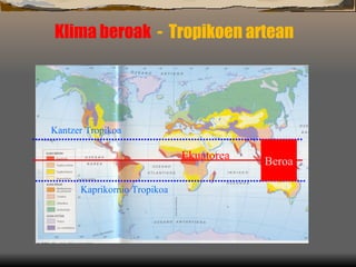 Klima beroak   -  Tropikoen artean   Ekuatorea Kantzer Tropikoa Kaprikornio Tropikoa Beroa 